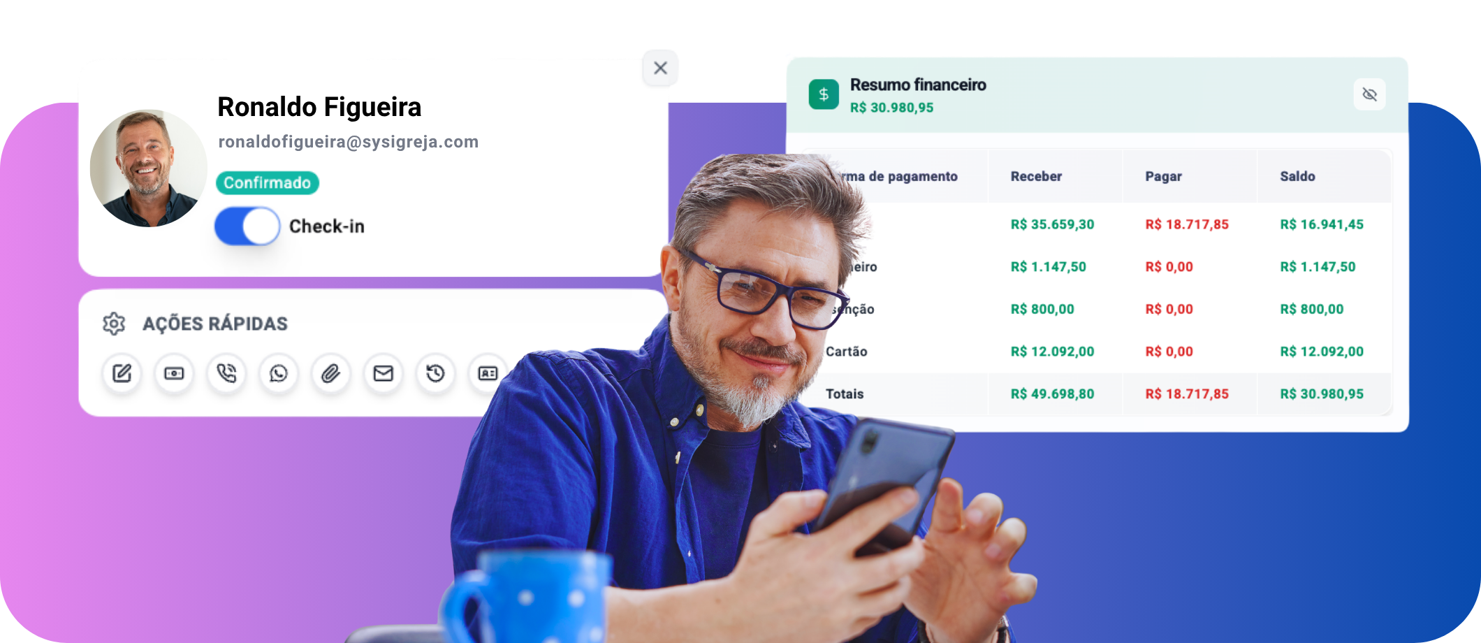 Imagem de pastor utilizando o SysIgreja, muito feliz com o que está vendo. Atrás dele, alguns prints de tela que mostram o check-in e a tabela financeira do evento.
