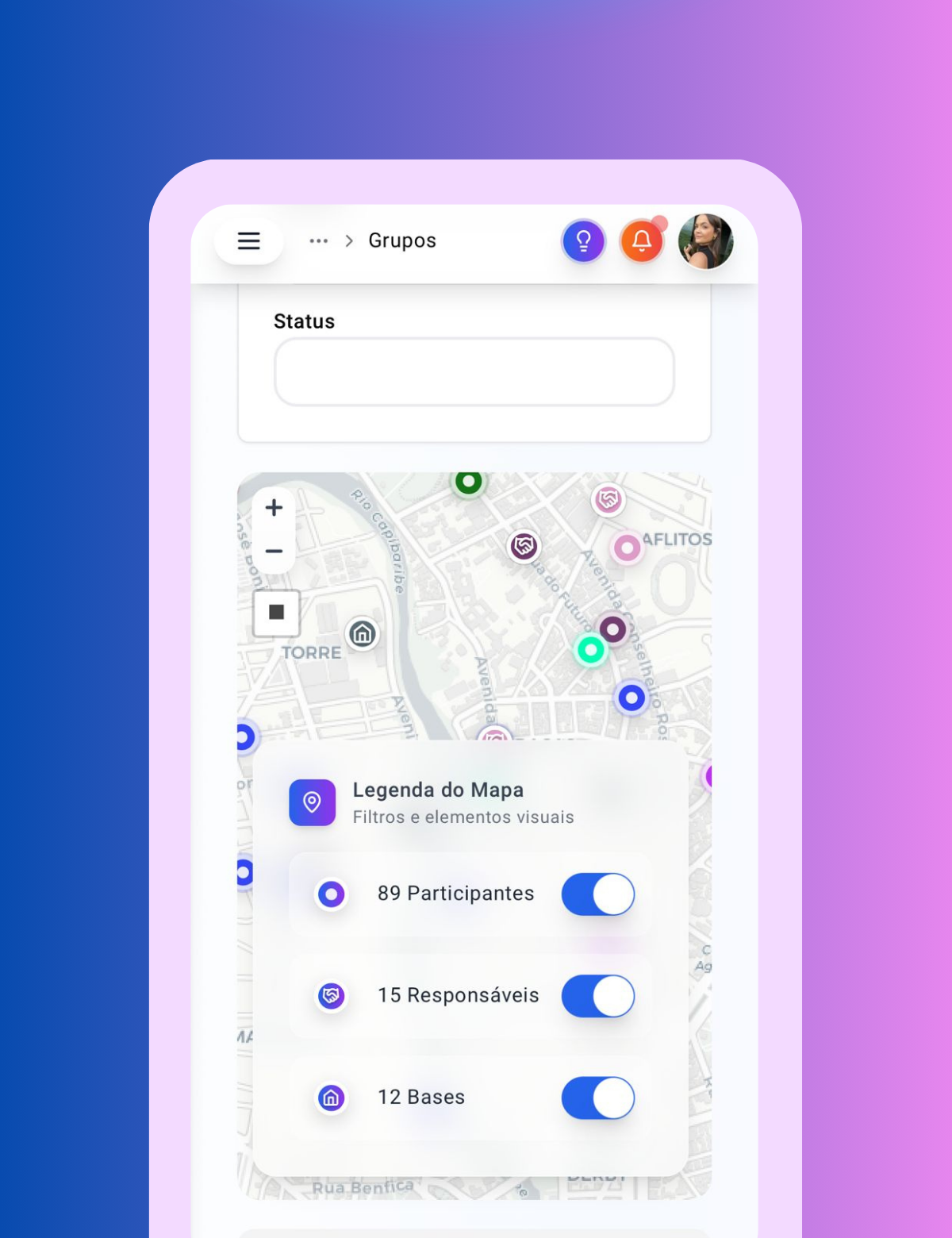 Tela de localização geográficos dos pequenos grupos no SysIgreja. A imagem mostra a funcionalidade que identifica onde estão localizados os pequenos grupos e a localização residencial dos participantes e líderes.