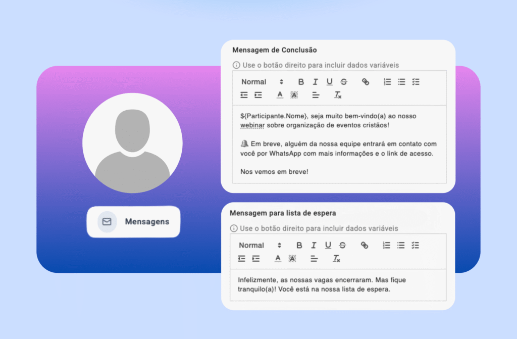 Tela de cadastro de template de mensagens do SysIgreja. A imagem mostra duas mensagens pré configuradas no SysIgreja, facilitando o envio das comunicações.